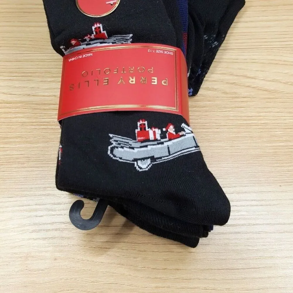 PERRY ELLIS Crew Socks 6-Pack Black Casual Comfort Stretch Smooth Toe Christmas